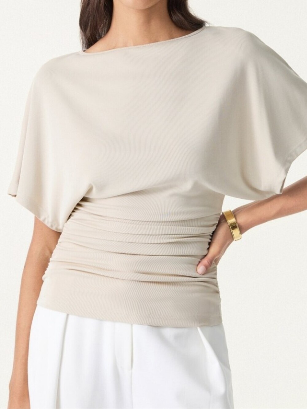 OGL Women's BoatNeck Batwing Light Beige Short-Sleeve Ruched Tunic Top Size L